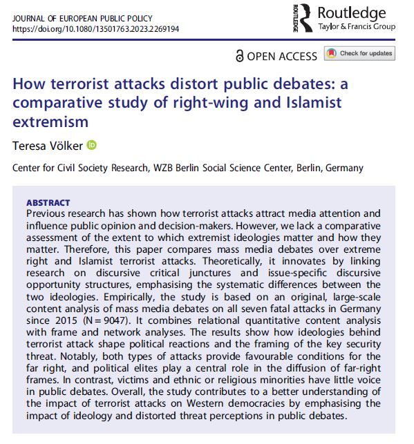 🚨PUBLICATION To what extent and how do terrorist attacks influence public debates? What are the differences between public debates after extreme right and Islamist terrorist attacks? Very happy to see my single-authored paper out @JEPP #openaccess 🔓doi.org/10.1080/135017… 🧵1/