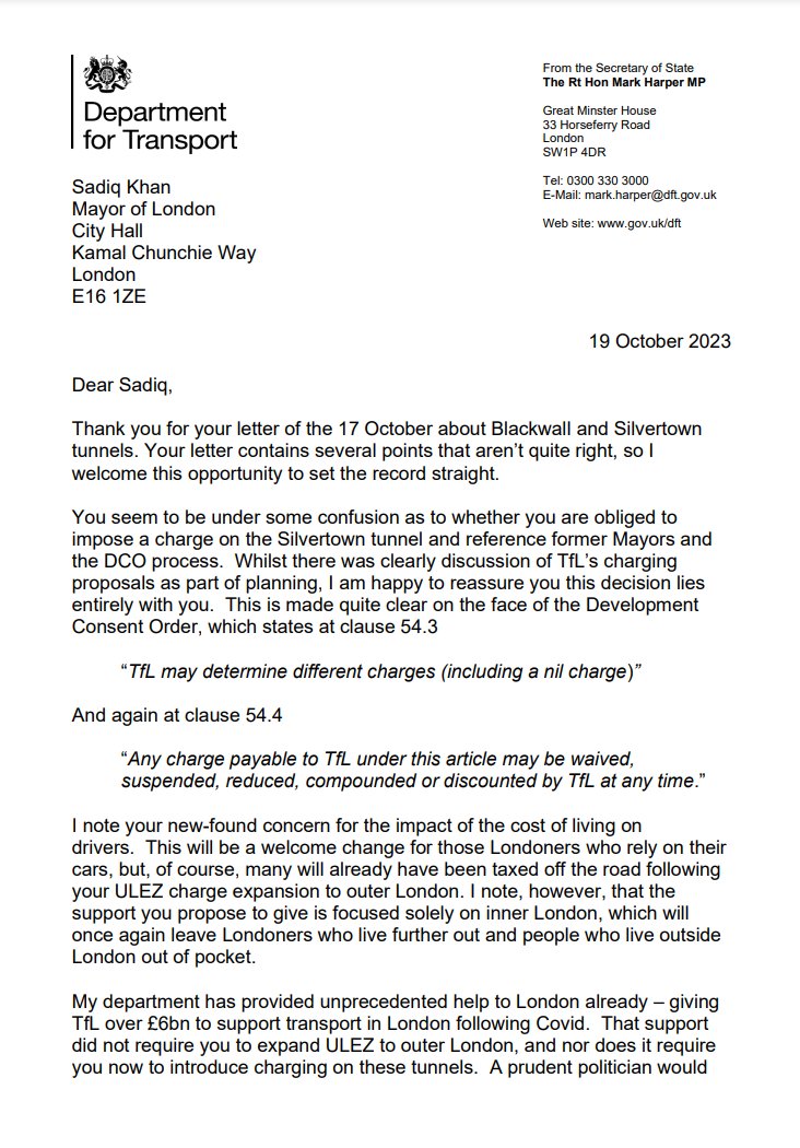 Mark_J_Harper's tweet photo. I have clarified for the @MayorofLondon that, like his ULEZ expansion, any decision to raise more money from Londoners by putting tolls on the Blackwall and Silvertown tunnels is a matter for him - and him alone.

My letter to the Mayor of #London 👇 https://t.co/8bziv5zW4C