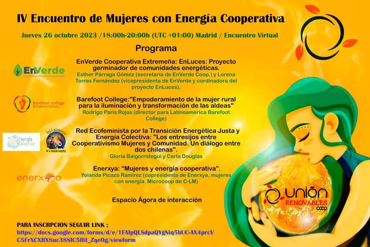 El próximo jueves 26 de octubre tendrá lugar el IV Encuentro de Mujeres con Energía Cooperativa organizado por <a href="/UnionRenovables/">Unión Renovables</a> en el que <a href="/enerxya/">ENERXYA, Mujeres con Energía</a> participará.
El plazo de inscripción finaliza el 23 de octubre
Más info en : unionrenovables.coop