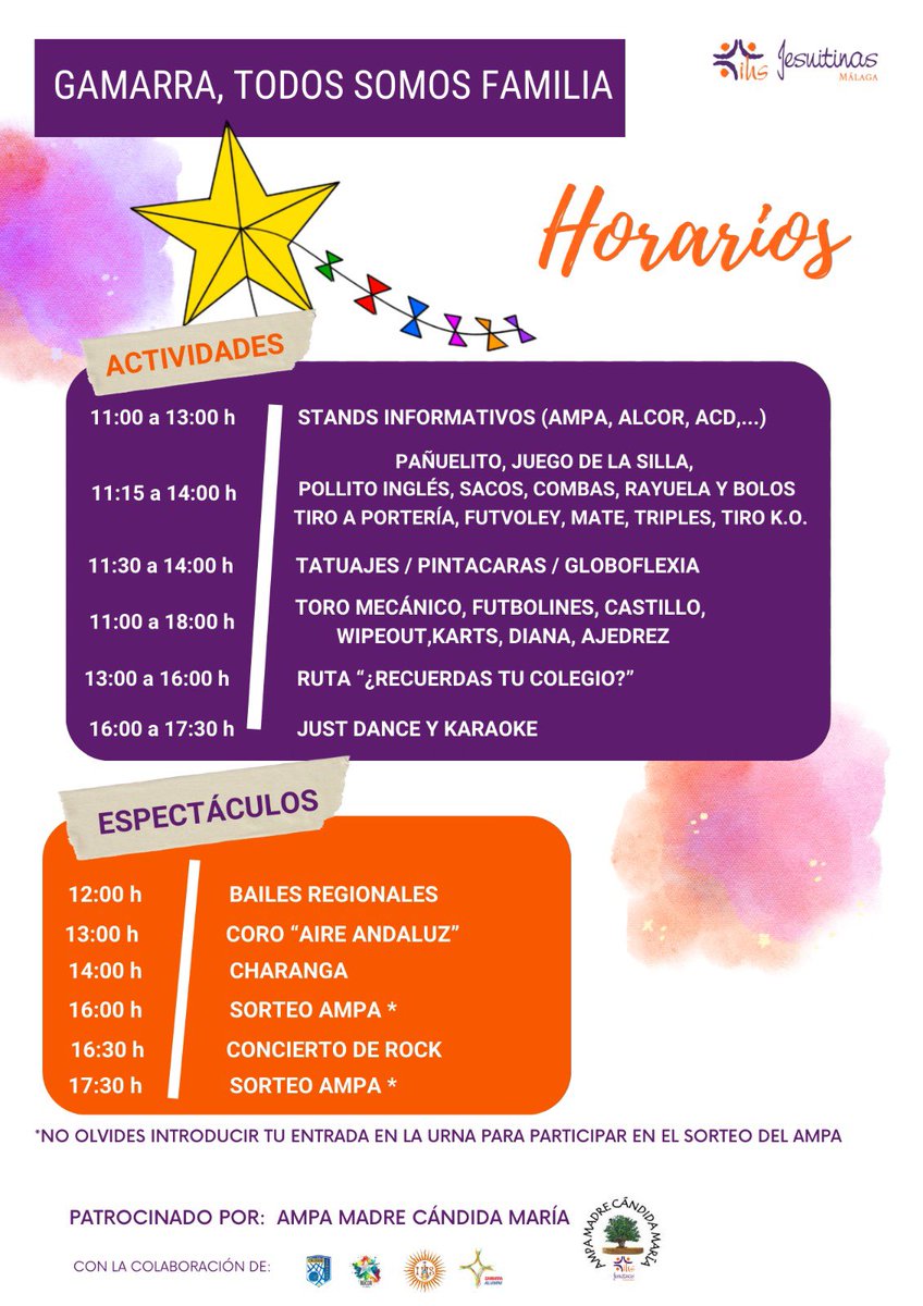 ColegioGamarra's tweet photo. 🙌🏼 | DÍA DE LA FAMILIA

Os dejamos los horarios de todas las actividades y espectáculos que habrá el sábado en nuestro colegio por el Día de la Familia.

¡Os esperamos a todo/as! 🥰

#CaminaConSentidoJesuitinas 🧡
#FamiliaGamarra 💜 https://t.co/aJtKrwtP6s