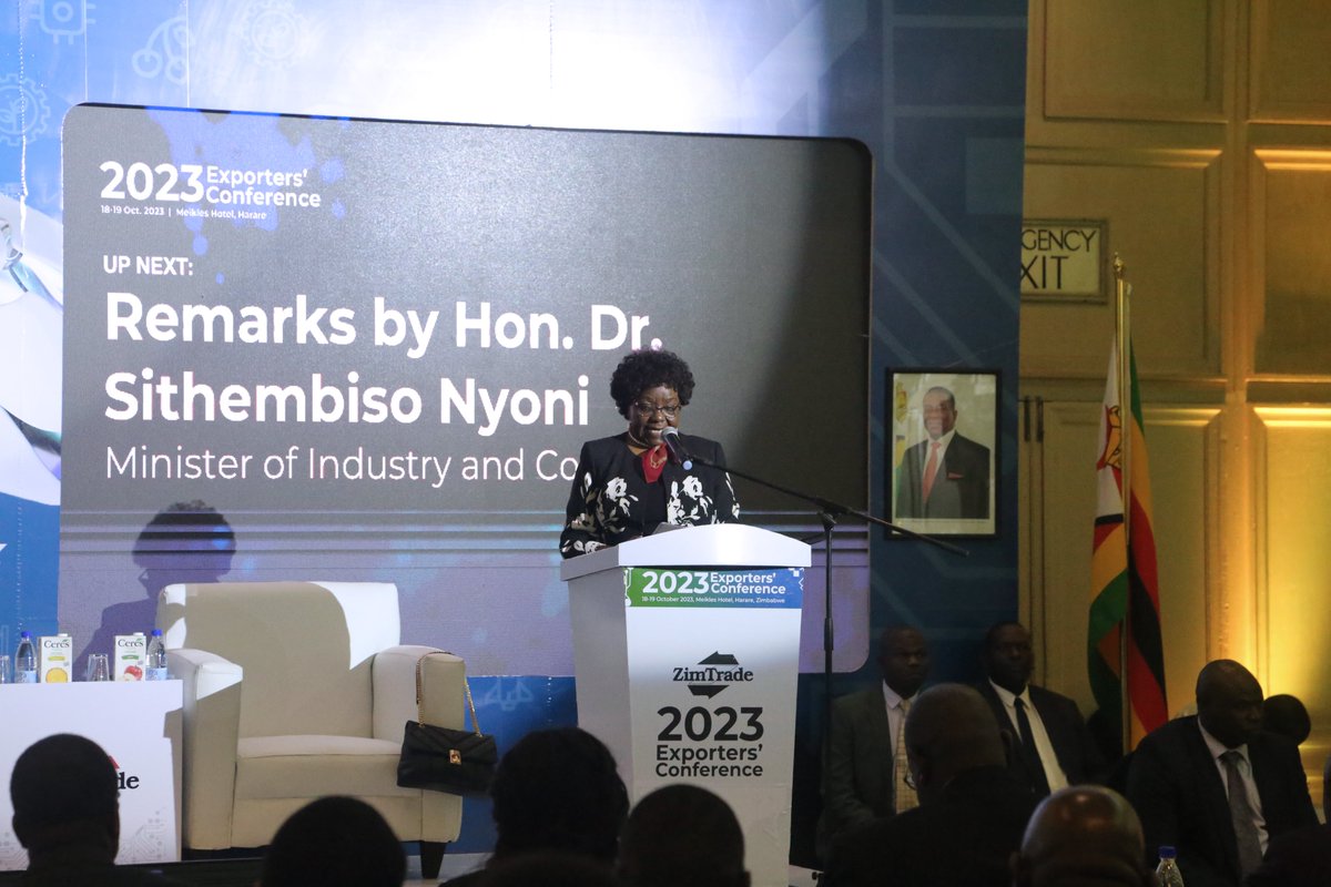 Min_of_IC's tweet photo. Hon Minister Dr. Sithembiso G.G Nyoni stated at the 2023 Exporters Conference that some of the Ministry's targets under #NDS1 are to increase merchandise exports by 10% a year and trade in services by 15%. #exports #trade https://t.co/i4N4i3bADJ