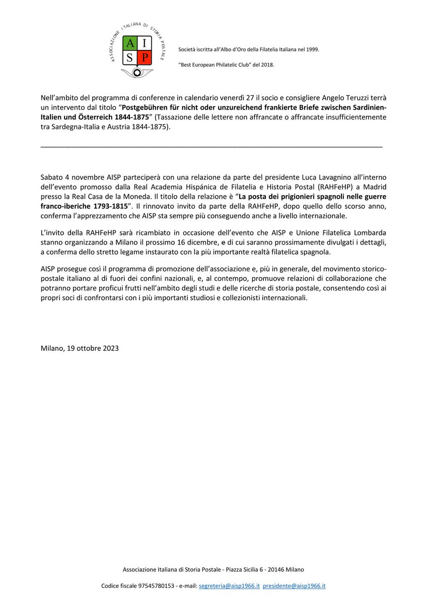 AISP1966's tweet photo. COMUNICATO STAMPA - L’ASSOCIAZIONE ITALIANA DI STORIA POSTALE IN GERMANIA E SPAGNA
#AISP è invitata a partecipare a #Postgeschichte 2023 dal 26 al 28 ottobre.
Sabato 4 novembre AISP sarà all'evento della #RAHFeHP
#stamp #sello #timbre #briefmarken #filatelia #postalhistory https://t.co/mx3CrdLjw8