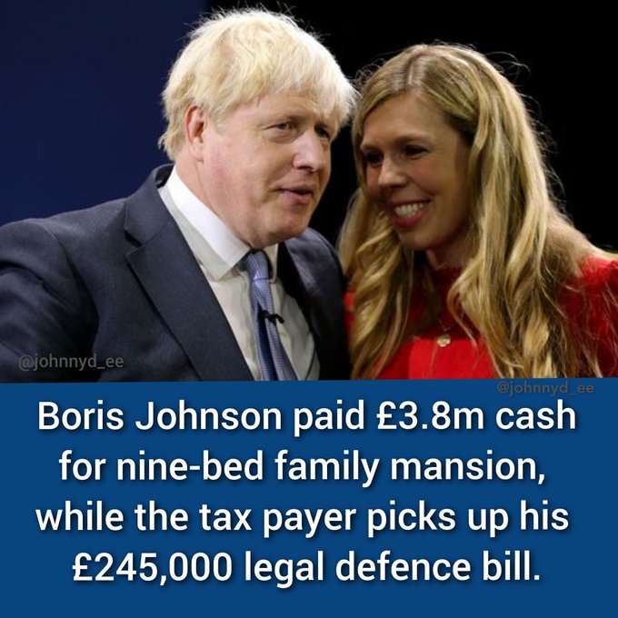 🚨HIGHLY UNUSUAL  

🔴BORIS JOHNSON:  HOUSE PAID IN CASH  

▪️AND nobody KNOWS who signed off payment to lawyers?  

▪️TAXPAYERS are paying HIS legal bill

 👉RETWEET if this should be investigated.

#ToryCorruption