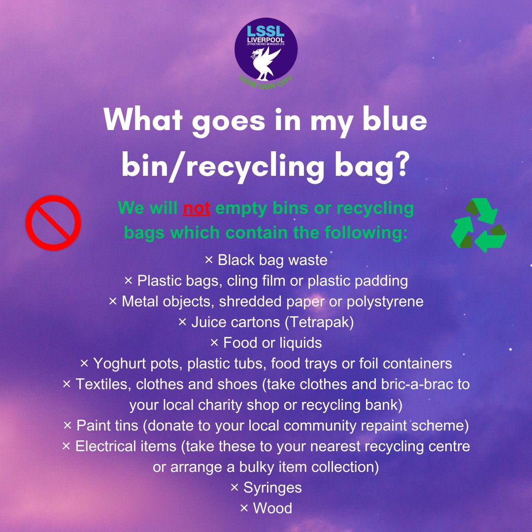 It's #RecycleWeek! ♻️

Here's a reminder of the items that you can & can't put in your #BlueBin!

For more info on what can go in your bins, including green & purple bins, go to: liverpool.gov.uk/bins-and-recyc…