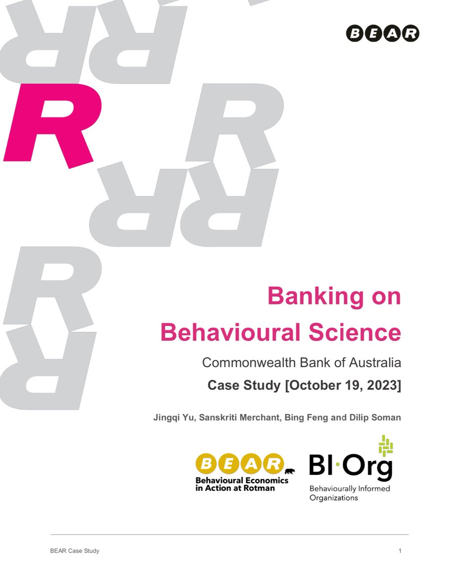 UofT_BEAR's tweet photo. Banking on Behavioural Science: Commonwealth Bank of Australia (a case study)

Read our new #casestudy to learn more about the journey of @commbank's BehScience Unit to successfully embedding #behaviouralscience into its DNA 🧬

🔖https://t.co/if0QX8cWRb

@dilipsoman @wrmailer https://t.co/Hlp6ahfcKC