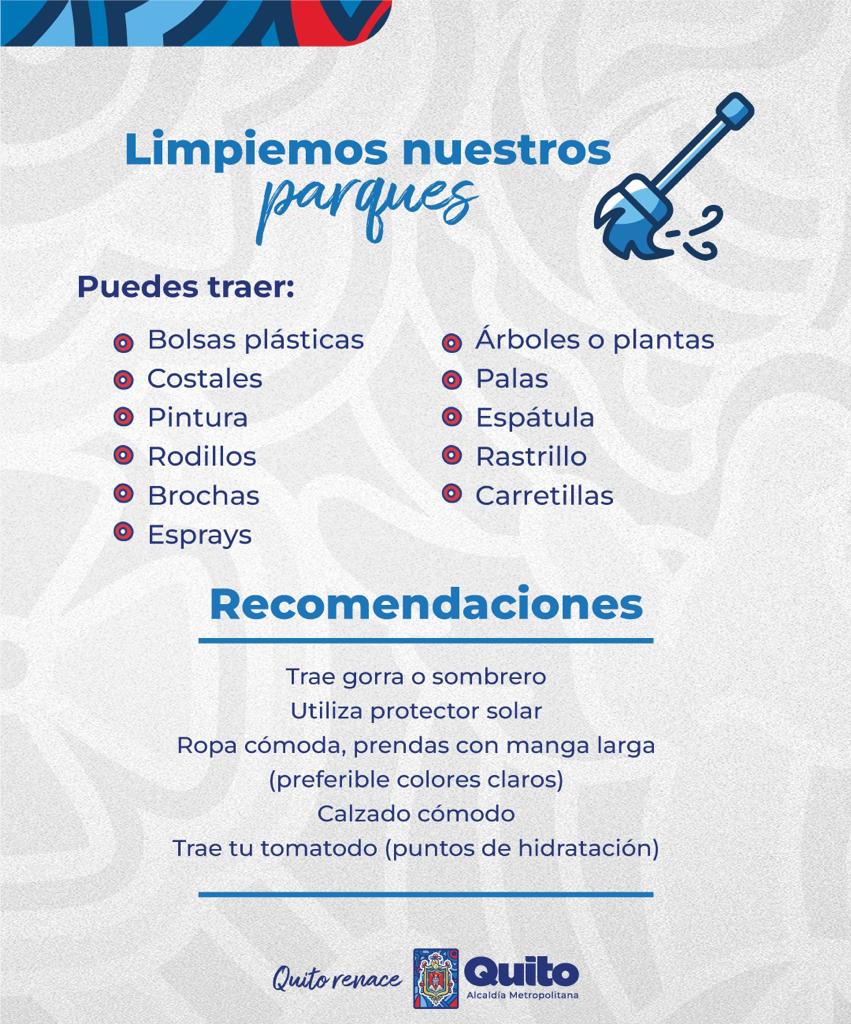 MunicipioQuito's tweet image. 🧹 #DoMinga | Este 22 de octubre, 08h00, vamos todos a la DoMinga para limpiar, reforestar y recuperar nuestros espacios verdes y juegos infantiles, en 14 parques de las nueve administraciones zonales.

#QuitoRenace