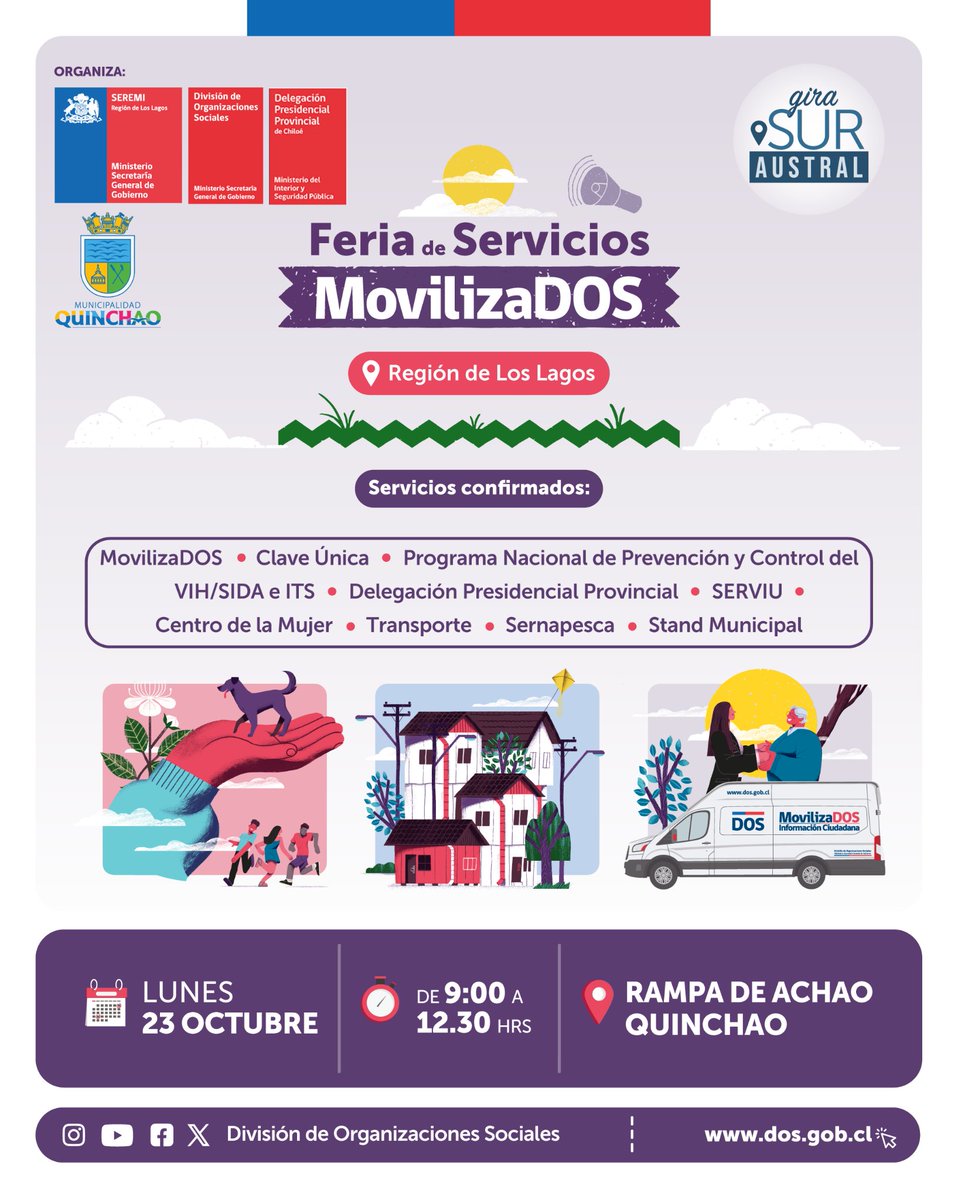 Atención #Ancud #Castro #Quinchao y #Quemchi les dejamos invitadas/os a participar de las ferias de servicios que se realizada desde <a href="/dos_segegob/">División de Organizaciones Sociales</a> en torno al movilizaDOS.

Serán distintos servicios los que se reunirán para avanzar a entregar beneficios a la comunidad.