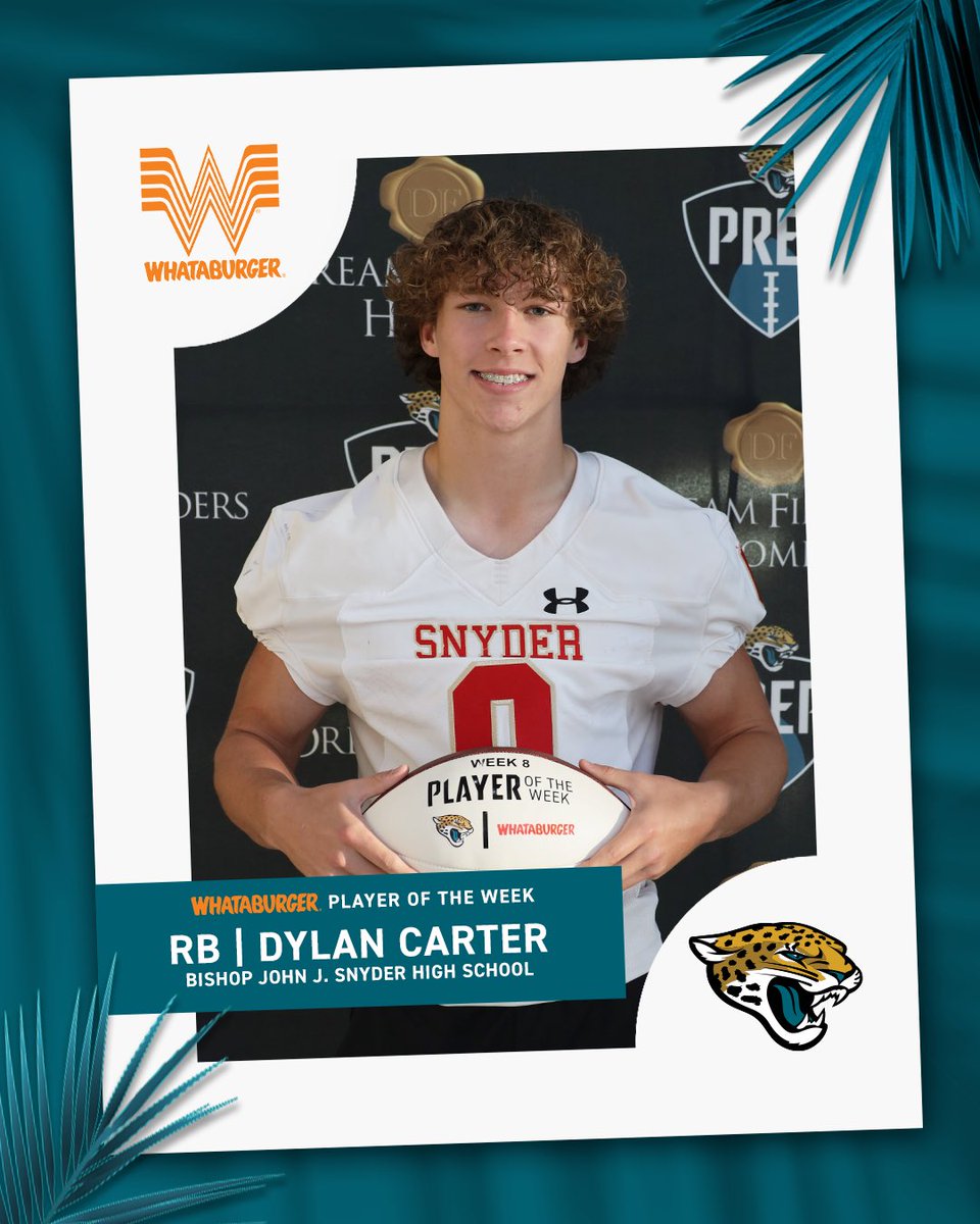 Adriel Rocha (@adriel_rocha) on Twitter photo The <a href="/Whataburger/">Whataburger®</a> Player of the Week for Week 8 is Dylan Carter!
He had 13 carries for 217 yards and 3 touchdowns!
<a href="/Jaguars/">Jacksonville Jaguars</a> | <a href="/ActionSportsJax/">BrentDanStuartMarcelAlivia</a> The <a href="/Whataburger/">Whataburger®</a> Player of the Week for Week 8 is Dylan Carter!
He had 13 carries for 217 yards and 3 touchdowns!
<a href="/Jaguars/">Jacksonville Jaguars</a> | <a href="/ActionSportsJax/">BrentDanStuartMarcelAlivia</a>