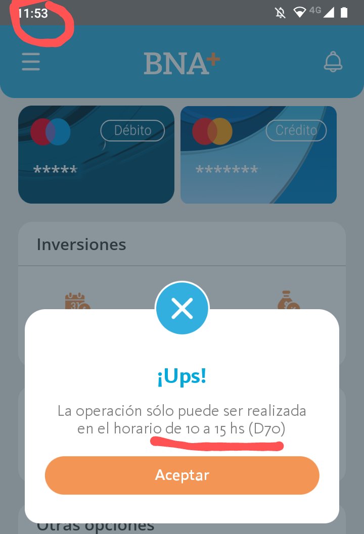 AleArgX's tweet image. Foto de hoy, pero desde hace unos días cuando desde la aplicación de BNA tratas de ingresar a comprar dólares, te sale el siguiente mensaje 👇🏻 @FranOliveraOK @luisnovaresio @edufeiok @angeletchecopar @osvaldobazan