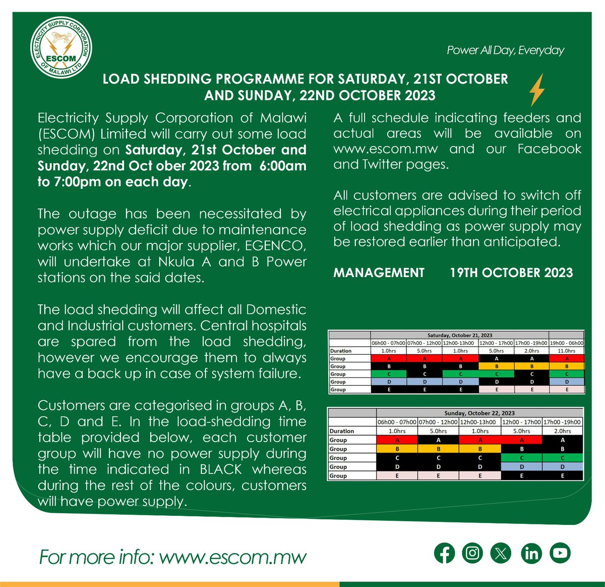 ESCOM_Malawi's tweet photo. LOAD SHEDDING PROGRAMME FOR SATURDAY, 21ST OCTOBER AND SUNDAY, 22ND OCTOBER 2023 https://t.co/iXbLmdhV0G