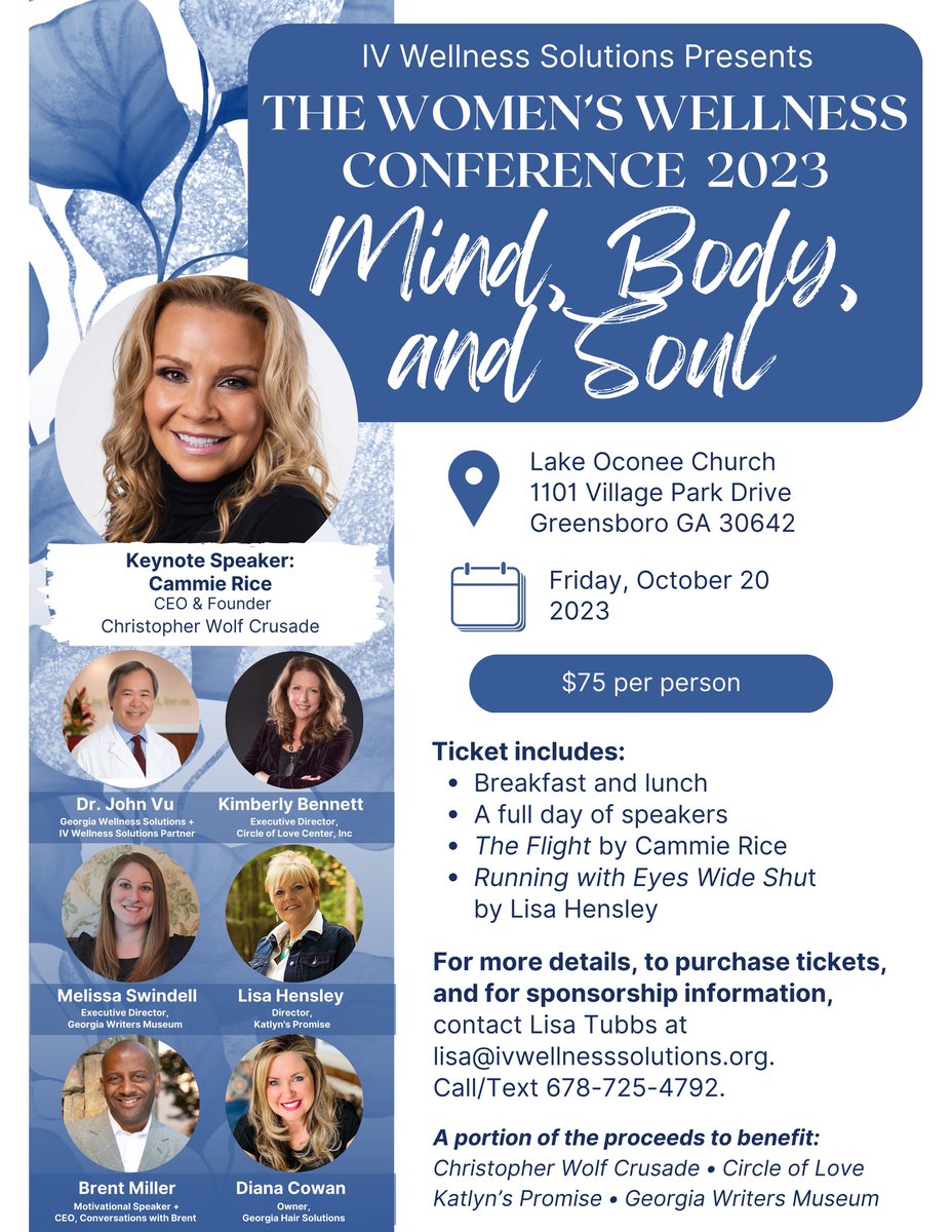 Join IV Wellness Solutions for their Women’s Wellness Conference! Work on your mind, body, and soul during this self-care conference. 

WHEN: Friday, October 20
WHERE: Lake Oconee Church

#GCCoC #GreeneCountyChamber #LocalEvents