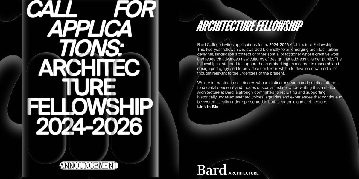 Bard College invites applications for its 2024-2026 Architecture Fellowship. This 2 year fellowship is awarded to a spatial practitioner whose creative work advances new modes of thought relevant to the urgencies of the present. Details/appllication👇👇👇 apply.interfolio.com/134561