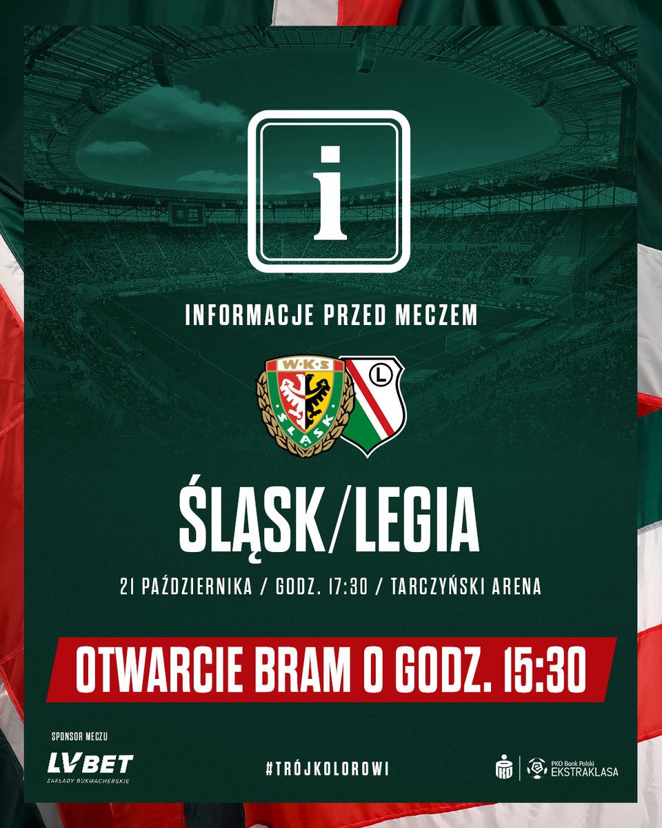 Już w najbliższą sobotę widzimy się na meczu 🇮🇹 @SlaskWroclawPl z @LegiaWarszawa - i to przy pełnych trybunach! #KompletNaŚląsk 🟢⚪🔴 Najważniejsze informacje meczowe znajdują się tutaj: bit.ly/NiezbędnikKibi… Hej Śląsk! 🇮🇹 Do zobaczenia!