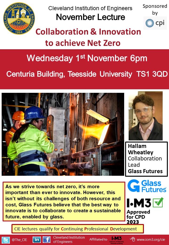 Our next lecture, held at <a href="/TeessideUni/">Teesside University</a>, by Hallam Wheatley - Collaboration ahead Glass Futures 

#CPD #Engineering #iom3