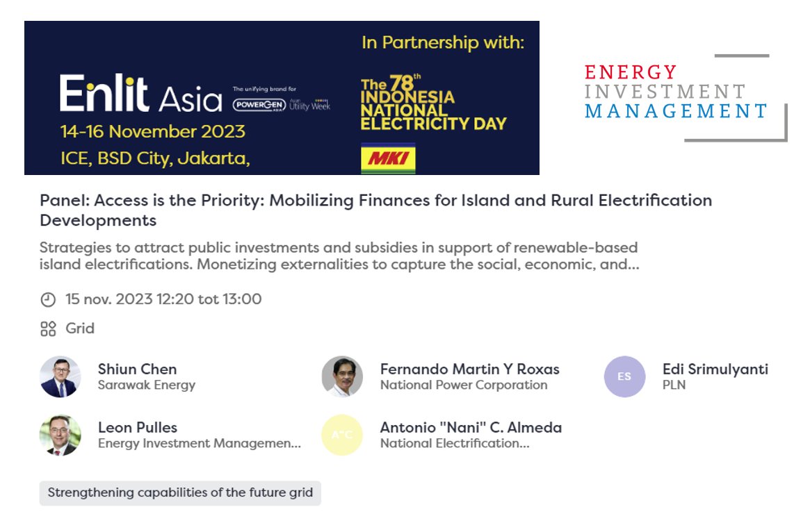 PANEL DISCUSSION ENLIT ASIA – JAKARTA – ACCESS IS THE PRIORITY: MOBILIZING FINANCES FOR ISLAND AND RURAL ELECTRIFICATION – Looking forward to meet you in Jakarta – Info Sustainable Islands Program: lnkd.in/dupc_Dm3 or @LeonPulles #energytransition #islands #EnlitAsia