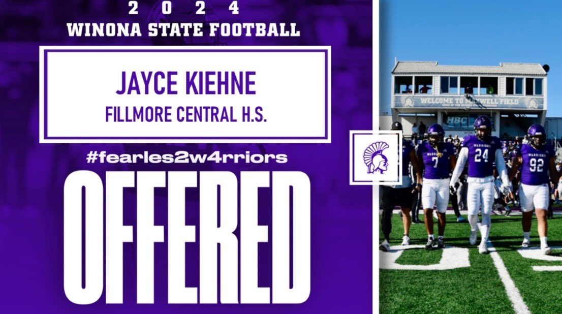 jaycekiehne's tweet image. Excited to receive my first D2 collegiate football offer to play for @WinonaState_FB! Thank you @Coach_Bergy and @IsaacFruechte14 for this opportunity!