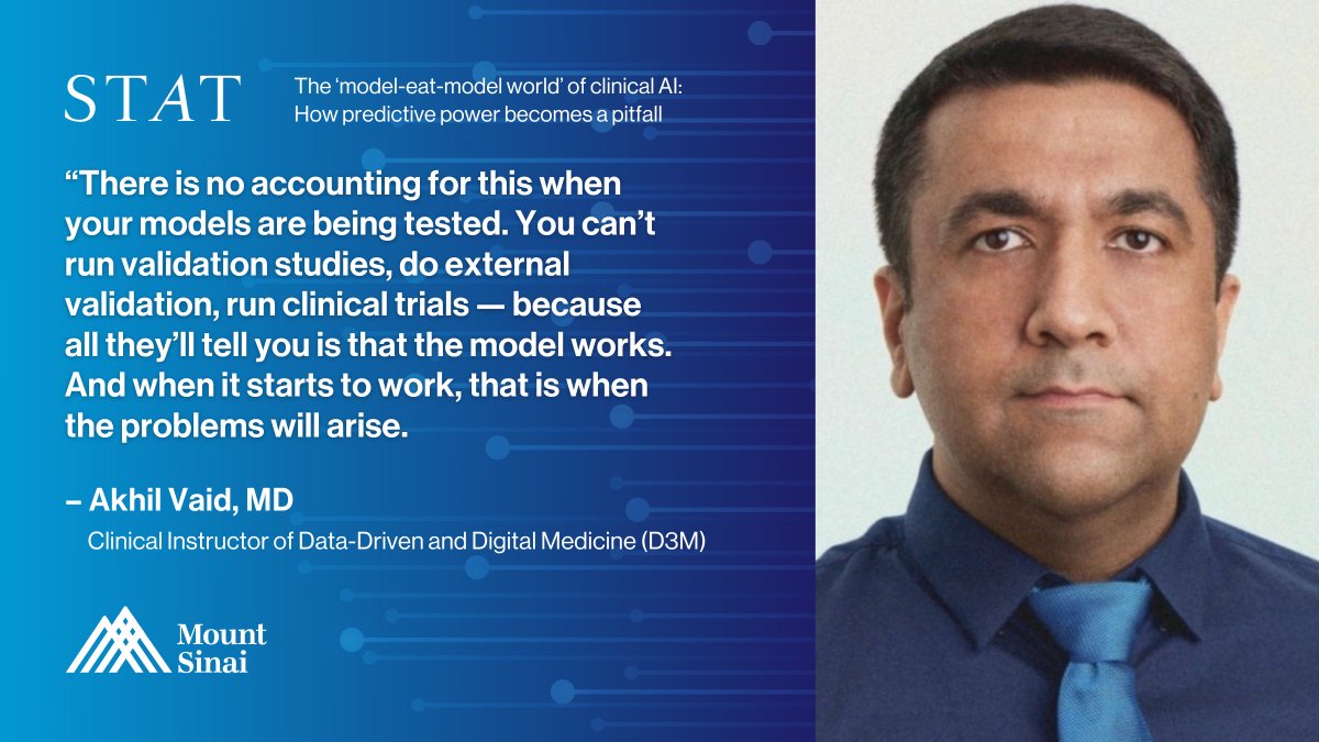 .<a href="/AkhilVaidMD/">Akhil Vaid</a> discusses research suggesting that predictive models can become a victim of their own success — sending their performance into a nosedive and generating inaccurate, potentially harmful results via <a href="/statnews/">STAT</a>: mshs.co/3Fm0vi0

#ArtificialIntelligence