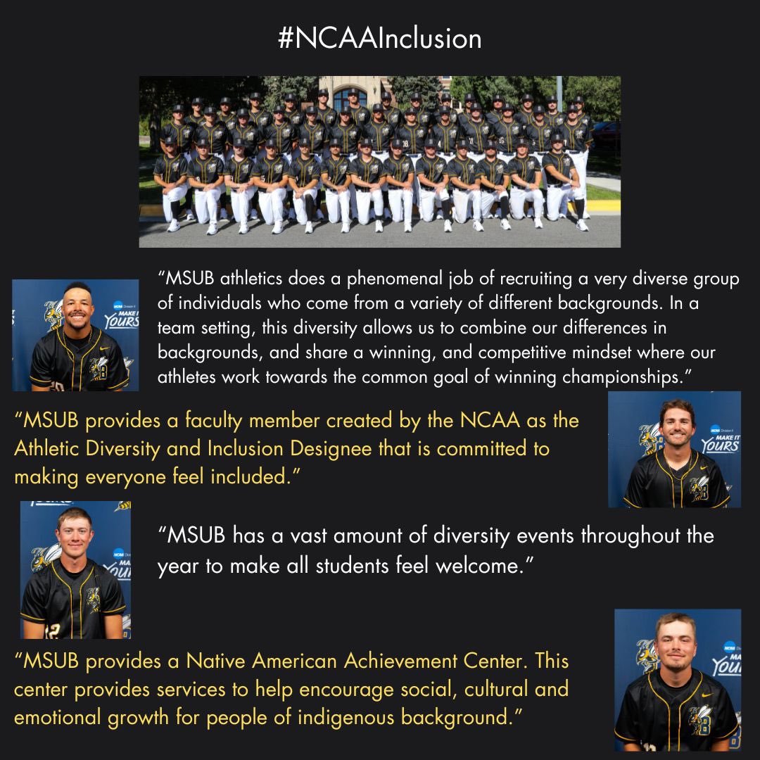 #NCAAInclusion Week continues with MSUB Baseball!

“A Shared Responsibility” for the entire MSU Billings community to ensure everyone feels welcome and safe. MSUB has implemented new ideas and taken the responsibility to create belonging and inclusive excellence.

#NCAAInclusion