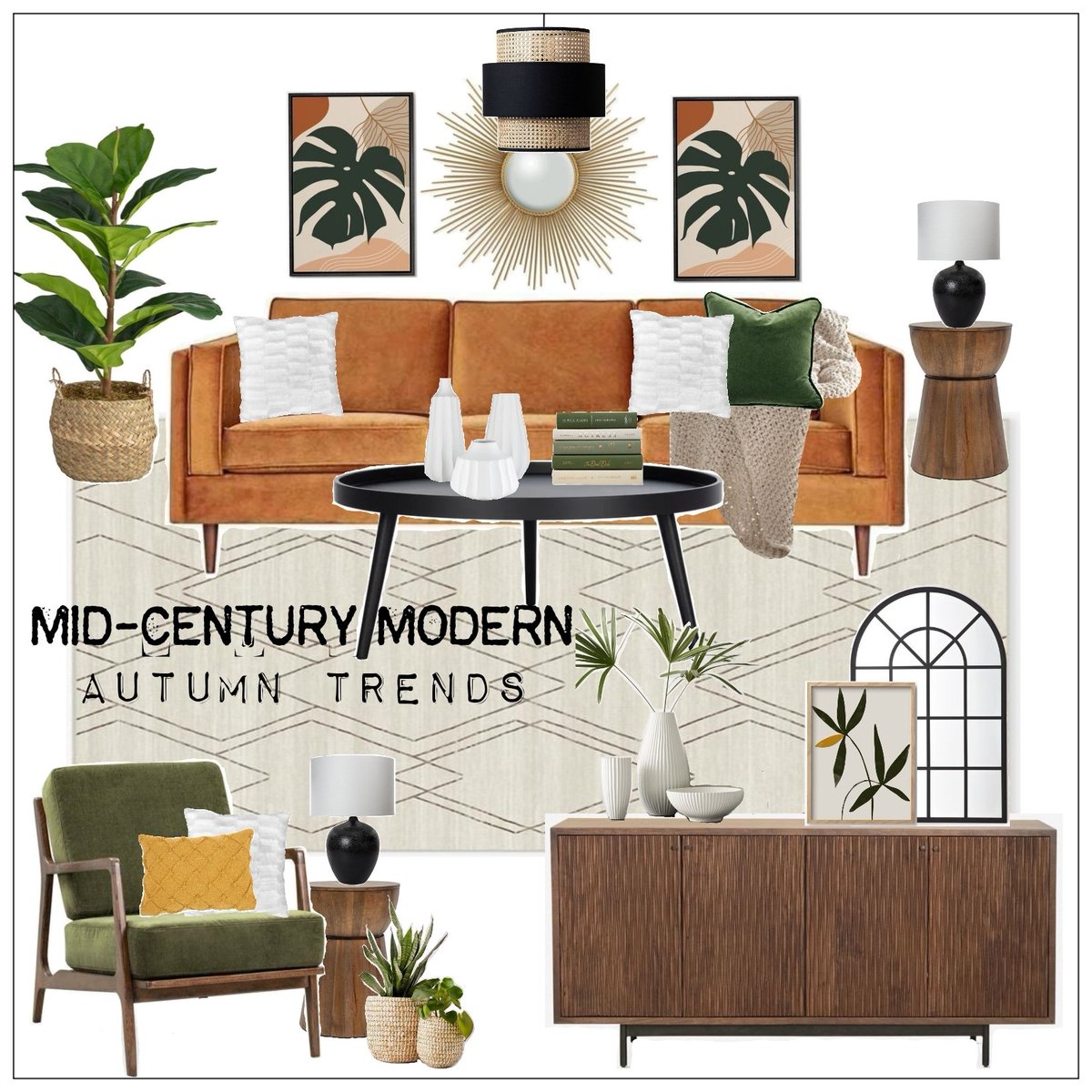 🍂 Autumn vibes 🍂. Mid-century modern living room conceptual design board. Loving the look and feel. Styled Stage It And List It.
.
.
#design #interiordesign #decor #decorating #inspirationboard #creatingspaces #foyerdesign #interior #homedecor #architecture #home #interiors