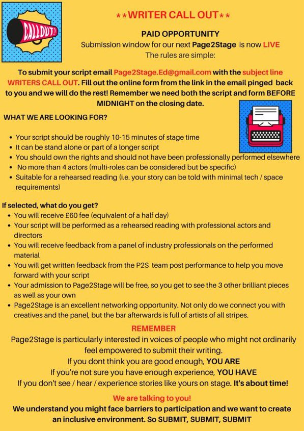 Page2Stage Edinburgh (@page2stagee) on Twitter photo #Writer submissions OPEN
When: Tues 28 November
<a href="/ScotStoryCentre/">Scottish Storytelling Centre</a>
Deadline: Sun 5 Nov, midnight
Details on the image
#PAID £60. We have a small travel budget for those who would face barriers to participation without it.
We want to hear from YOU #Writer submissions OPEN
When: Tues 28 November
<a href="/ScotStoryCentre/">Scottish Storytelling Centre</a>
Deadline: Sun 5 Nov, midnight
Details on the image
#PAID £60. We have a small travel budget for those who would face barriers to participation without it.
We want to hear from YOU