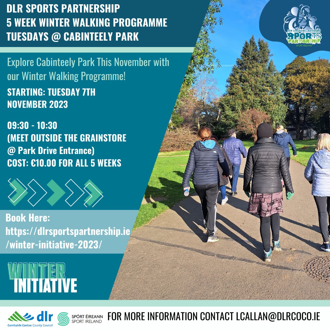 Our weekly walking programme is back this Winter! 🚶‍♀️🌳❄️ Join us for 5 weeks of walking this November in Cabinteely Park. Book Here: eventbrite.ie/e/winter-initi… @dlrcc @sportireland