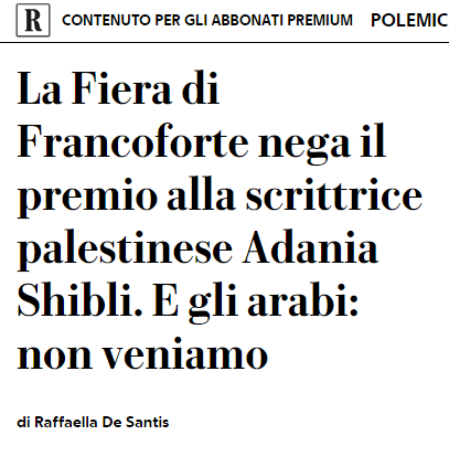 Come ormai saprete, la Fiera del Libro di Francoforte ha annullato la cerimonia di premiazione di Adania Shibli, autrice palestinese del libro “Un dettaglio minore”. La motivazione, diffusa in una nota da Litprom, agenzia letteraria che organizza il premio, (1/7)