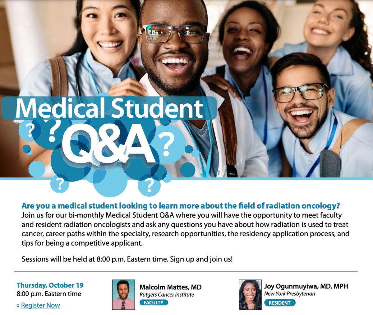 If you’re a medical student interested in radiation oncology join us tonight for a casual Q&A! #radonc @ASTRO_org