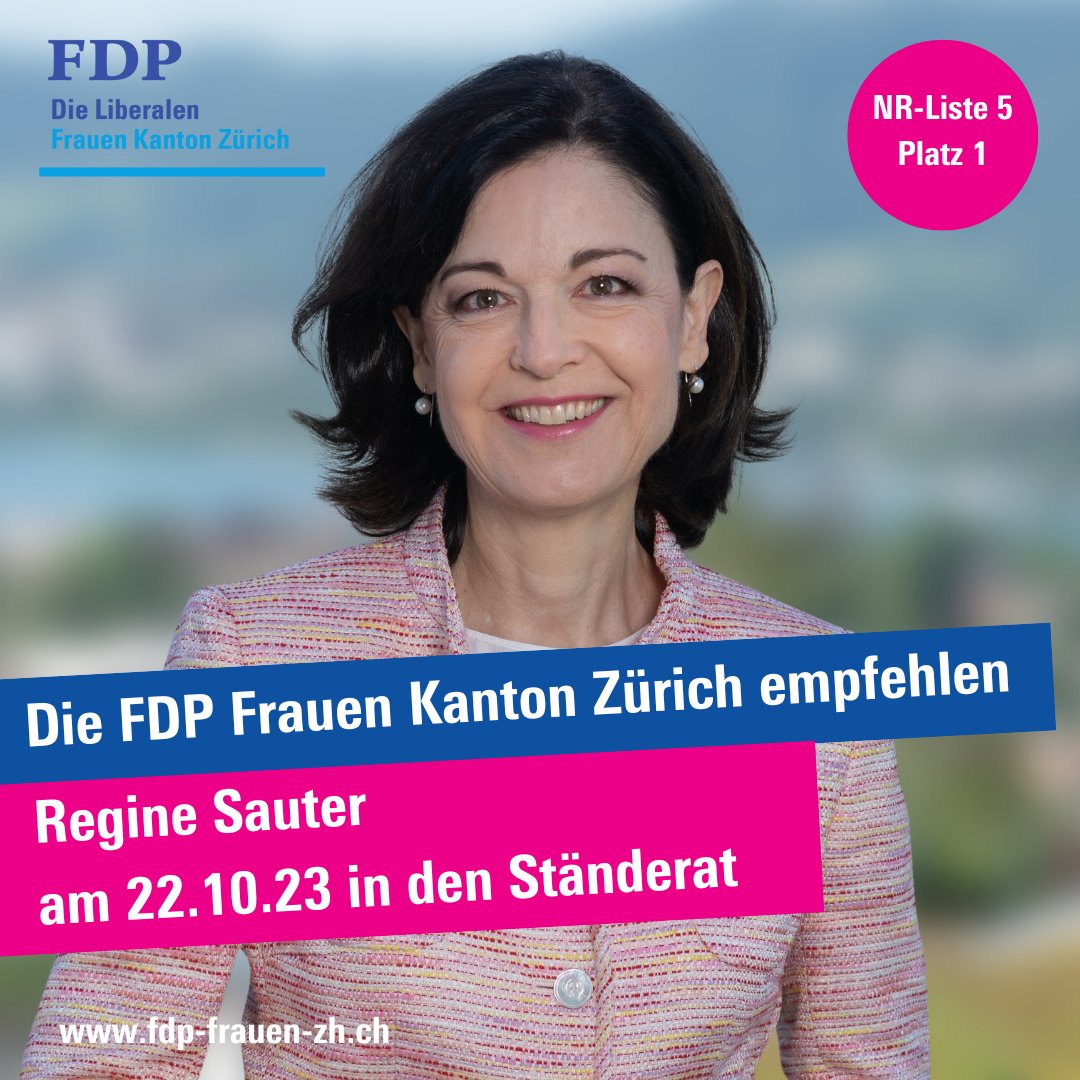 ❣️Wir empfehlen Nationalrätin Regine Sauter (<a href="/regine_sauter/">Regine Sauter</a>) am 22. Oktober 2023 in den Ständerat!

🌐Zu ihrer Website: reginesauter.ch

<a href="/mehblau/">FDP Stadt Zürich</a>
#TeamFDP #FDP2023 #fdp #fdpzh #frauenpolitik #WahlCH23