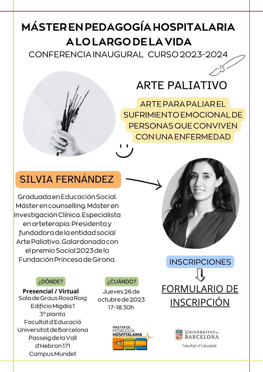 CONFERÈNCIA INAUGURAL
📢 El arte para paliar el sufrimiento emocional de personas que viven con enfermedad
📅 27 d'octubre -17h
📍Sala de Graus Rosa Roig (Ed. Migdia, Campus Mundet)
Activitat presencial.
Inscripció:  bit.ly/3M3nsKM

<a href="/UniBarcelona/">Universitat de Barcelona</a> <a href="/CRAImundet/">CRAI Biblioteca del Campus Mundet</a> <a href="/EducacioUB/">Facultat Educació UB</a>