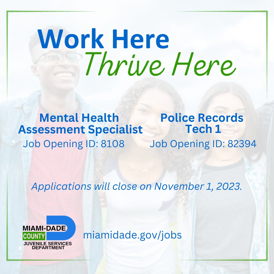 Juvenile Services Department is hiring! Head over to the link in our bio to view the job listings or visit miamidade.gov/jobs and enter the job ID.