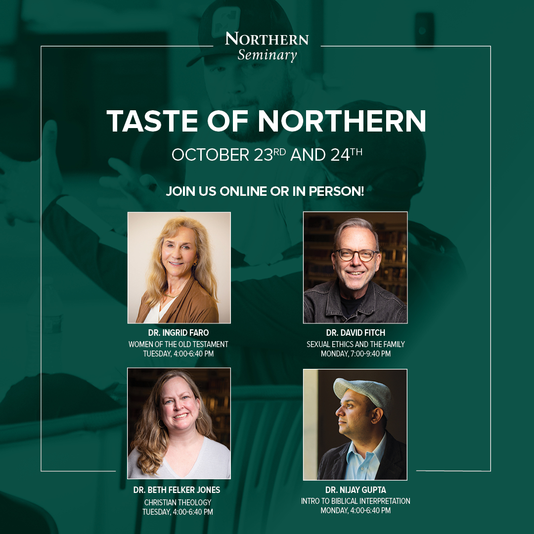 nseminary's tweet photo. Our next TASTE of NORTHERN is October 23/24th. Take your pick of any of our four classes being offered by @fitchest @faro_ingrid @bethfelkerjones @nijaykgupta!

>> https://t.co/rUGEbRXNBh

#biblicalinterpretation #womeninthebible #theology #sexualethics #churchleaders #seminary https://t.co/tzpcGiOyrs