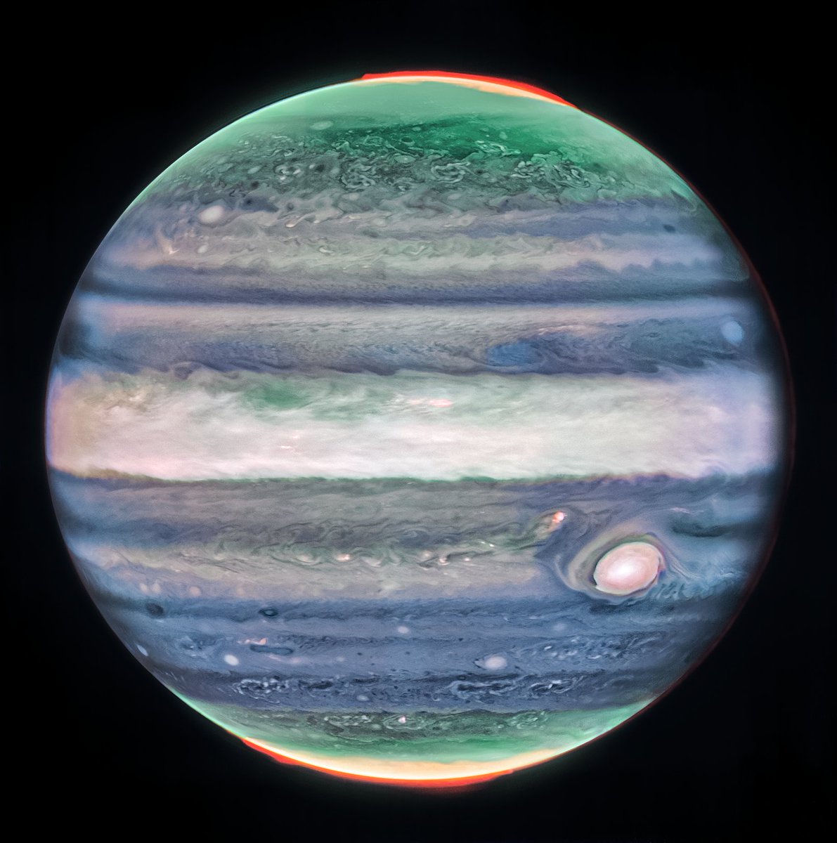 SpaceTelescope's tweet photo. Using its infrared view, #NASAWebb has discovered a never-before-seen jet stream—with winds rivaling a Category 5 hurricane on Earth—over Jupiter’s equator: https://t.co/v6CChTZKaC https://t.co/vgjiLMYfdV