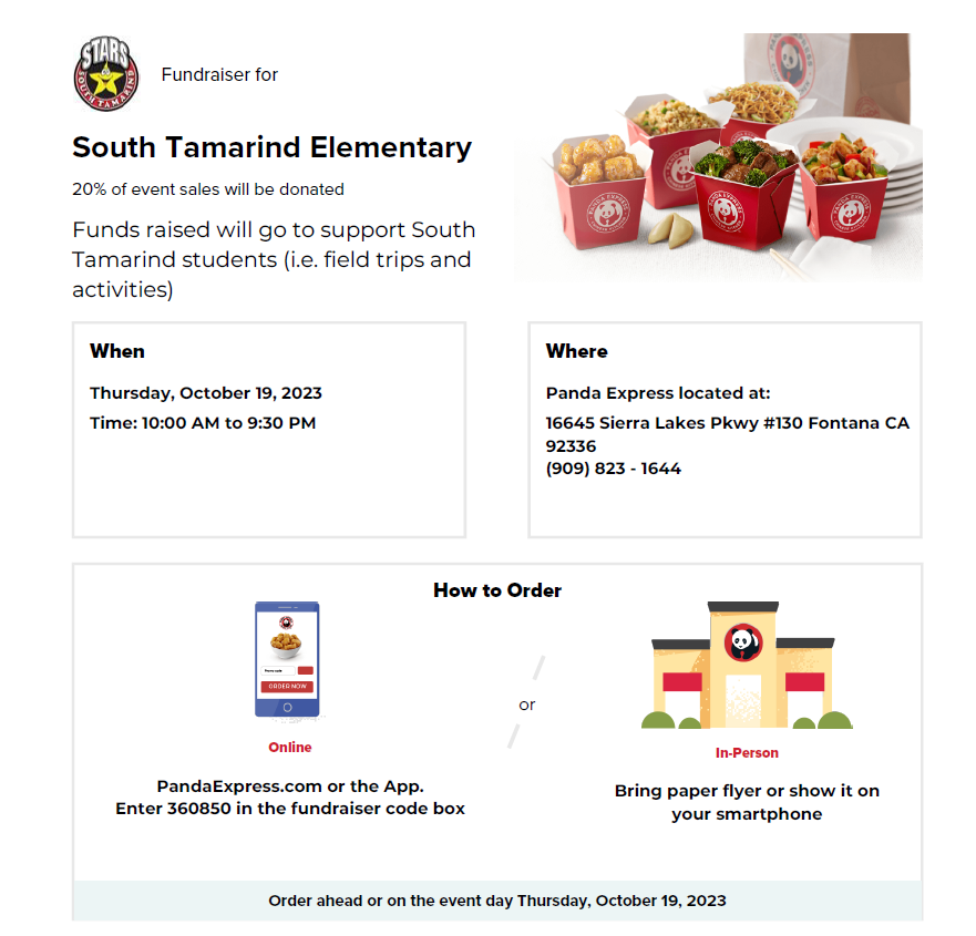 Stars
Today is our Panda Express Fundraiser! 20% of the sales will be donated to South Tamarind! You can order from 10a.m to 9:30p.m, make sure to tell them you're a part of South Tamarind so they can code the transaction!