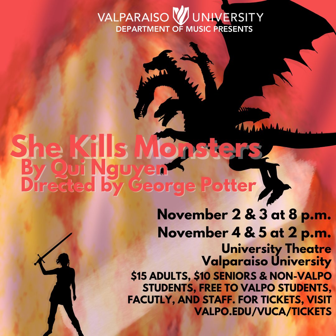 Audiences are invited to experience Qui Nguyen's She Kills Monsters, the university's first mainstage theatrical production of the season. Performances are November 2-3 at 8:00 pm and November 4-5 at 2:00 pm in the University Theatre in the Valpo Center for the Arts.
