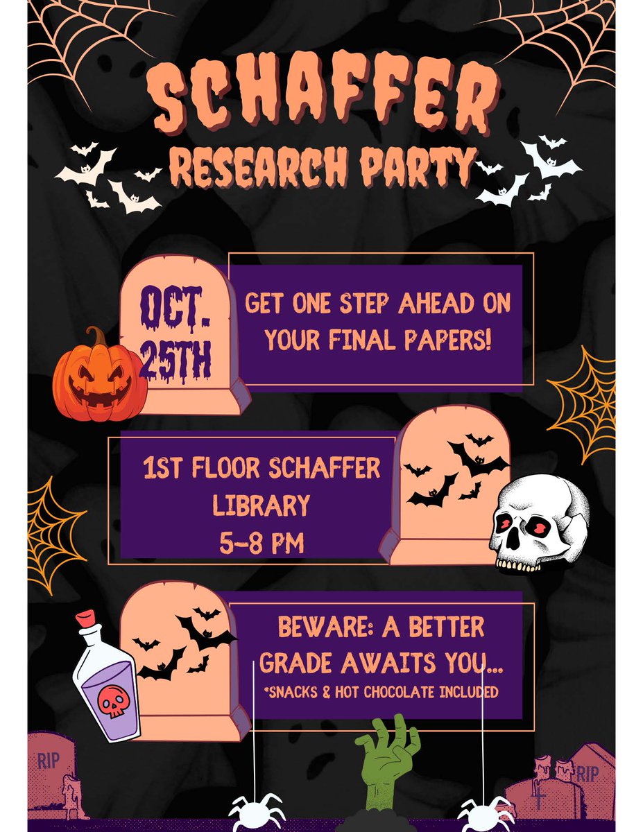 SchafferLibrary's tweet image. Psst. Next Wednesday night we're throwing the nerdiest party ever. A research party! Librarians will be available to answer any questions you have about research, citations, your final papers, etc. Wed, Oct 25, 5-8PM. I heard a rumor there will be a hot chocolate bar...