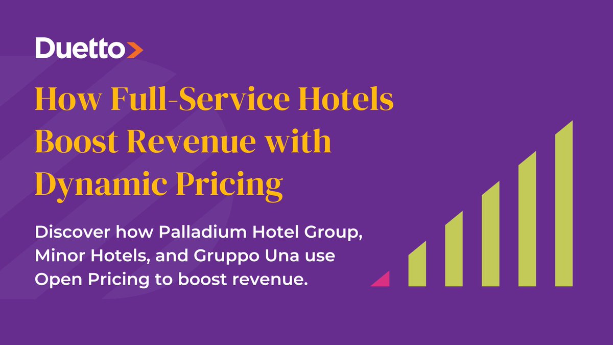 DuettoCloud's tweet photo. 👉 Check out our latest blog: https://t.co/FV0JrZdPLi
Discover how full-service hotel brands such as Palladium Hotel Group, Gruppo UNA and Minor Hotels have utilized Duetto’s Open Pricing to maximize their profits.
#OpenPricing #HospitalitySolutions #RevenueOptimization https://t.co/iY9XR0fxdx