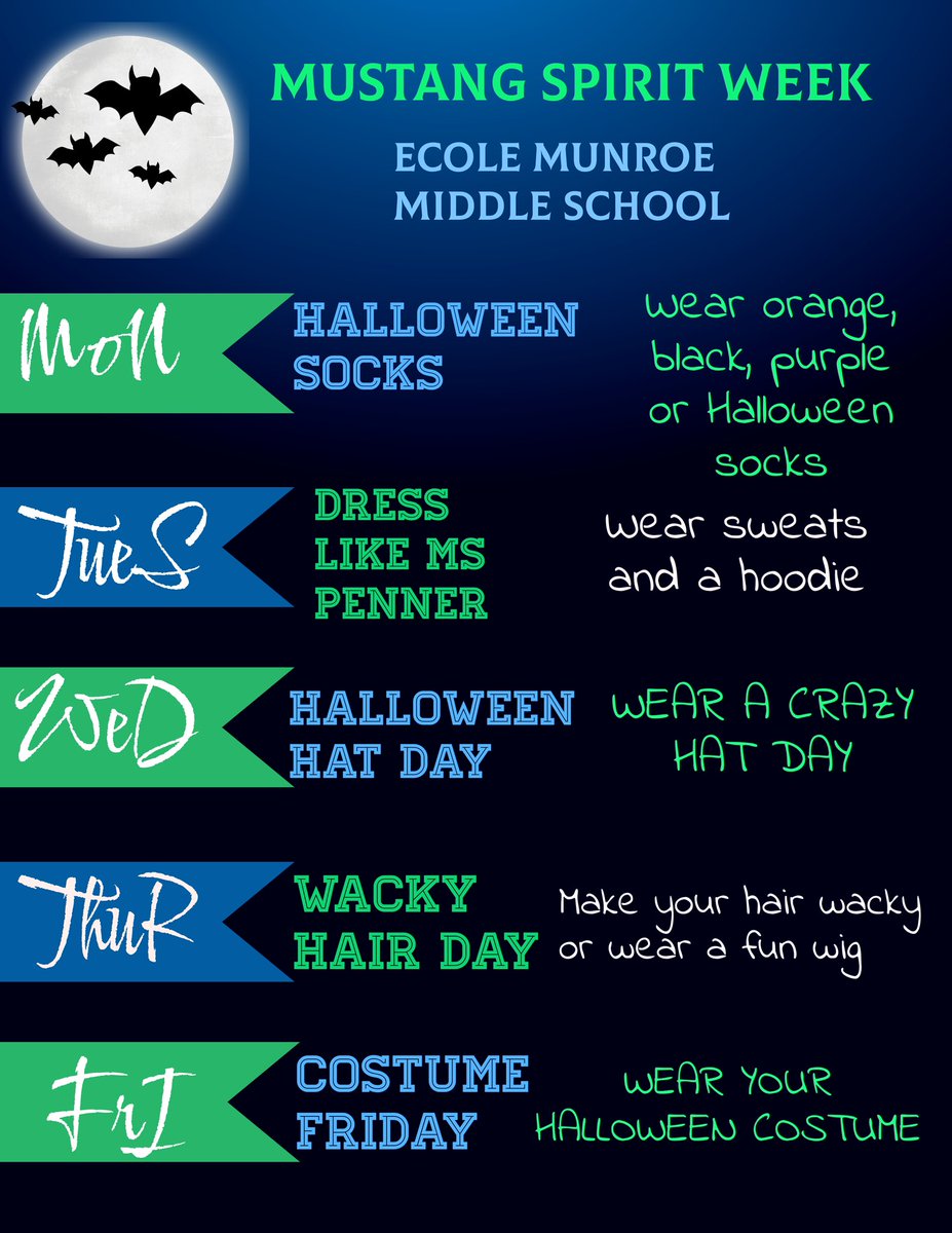 Spirit Week!
La semaine de l’spirit!                             Make sure you mark your calendars and get ready for Halloween Spirit Week!🎃…Please keep your socks for Socktober coming in! 🧦