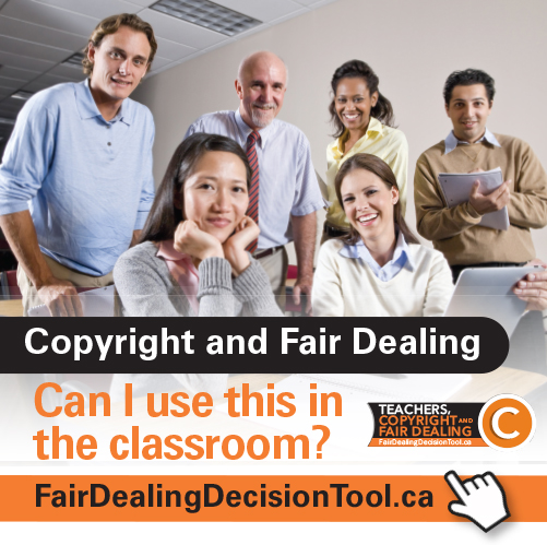 Teachers, copyright, and fair dealing?!

Know your rights. 

Know the limits.

Learn more by clicking on FairDealingDecisionTool.ca #onted #fairdealingworcs