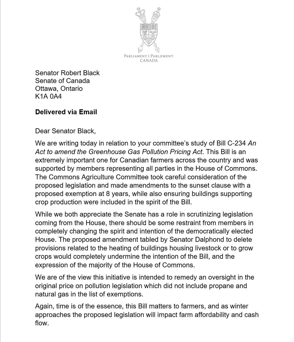 KodyBloisNS's tweet photo. Bill C-234 matters for farmers across Canada 🇨🇦 . It was supported by a majority in the House of Commons, and this week @JohnBarlowMP and I wrote to @SenatorRobBlack and AGFO Committee members asking them to advance this Bill as soon as possible without amendment. @CFAFCA https://t.co/BFMTFjqudp