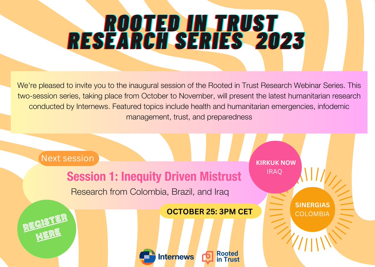 Join us next Wednesday! We will kick off our @internews Rooted in Trust research series by discussing how inequity fosters mistrust in health information, its impacts humanitarian responses and what can we do about it. Register here: internews.zoom.us/webinar/regist…