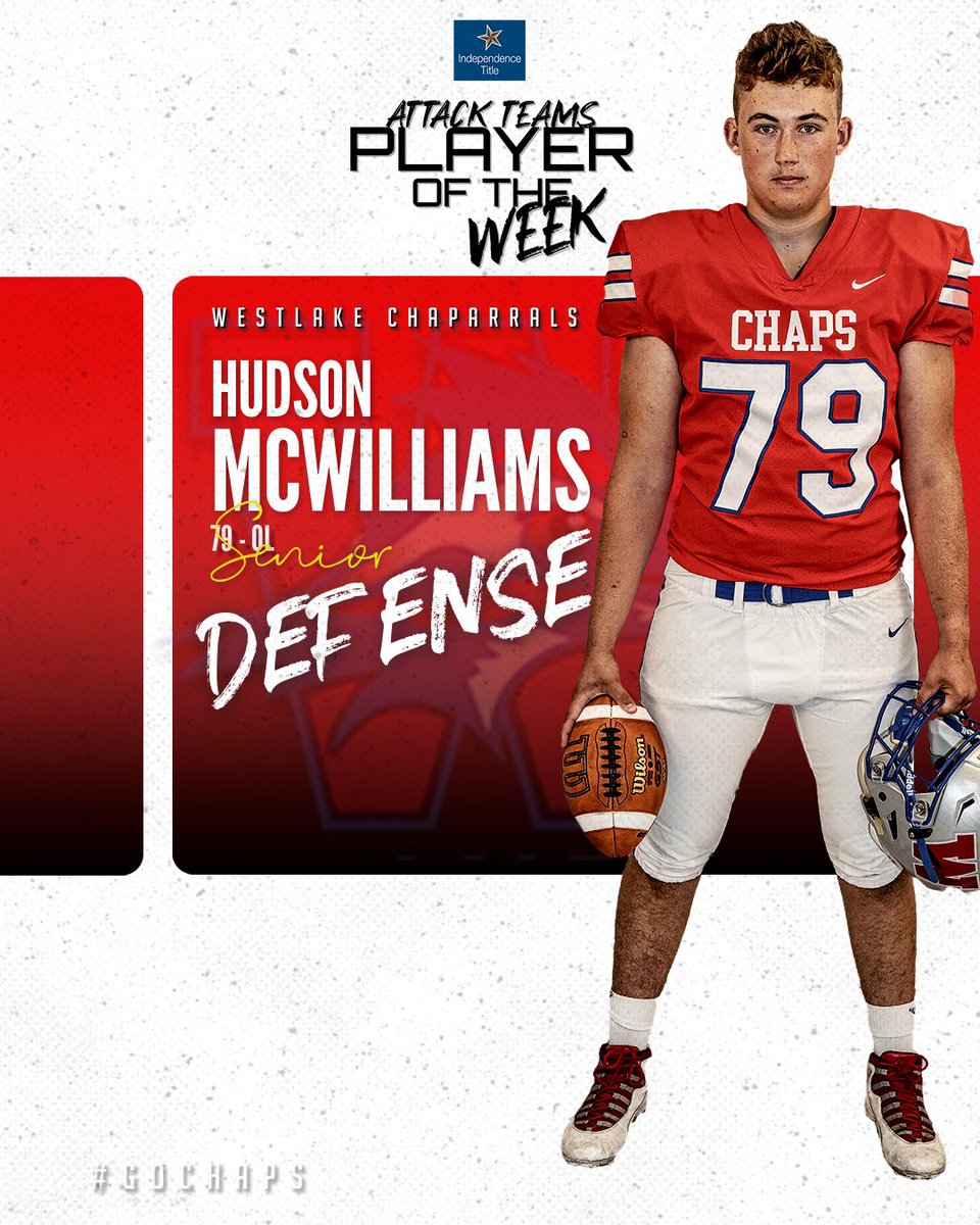 Westlake_Nation's tweet photo. Congratulations to the Defensive Attack Team Player of the Week, Hudson McWilliams. Hudson challenged the defensive line as the Chaps prepared for the 27-14 win over Dripping Springs. He will serve as a team captain on Friday as Westlake battles Austin High. #GoChaps #AttackTeam https://t.co/SQTaCVZN7m