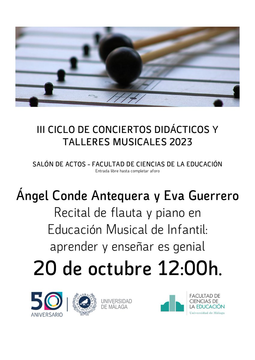 Mañana 20 Octubre a las 12:00h prosigue el III Ciclo de Conciertos Didácticos y Talleres Musicales. "Recital de flauta y piano en Educación Musical de Infantil: aprender y enseñar es genial", llevado a cabo por l@s profeso@rs Ángel Conde Antequera y Eva Guerrero.Os esperamos!