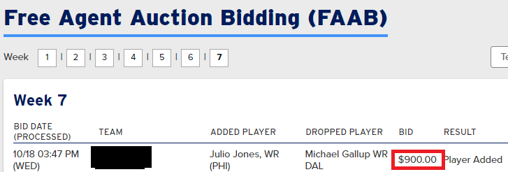 fantasymojo's tweet photo. If you didn't spend $900 of your $1000 FAAB Budget on Julio Jones last night in your $2,000 @FFPC Main Event league, then it's time AGAIN to #AdjustYourModel and #BeBetter

Consider that the winning team here has won their last 5 games and is currently in playoff contention https://t.co/qKrqJ39kNB