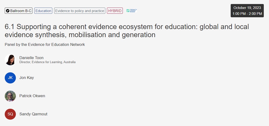 Attending #WWGS2023?
Don't miss this panel where <a href="/okwen/">Okwen P Mbah</a> alongside @DanielleToon , Sandy Qarmout and Jon Kay will be talking on "Supporting a coherent evidence ecosystem for education: global and local evidence synthesis, mobilisation and generation. 
#Evidence4Education
<a href="/WWGS2023/">WWGS2023</a>