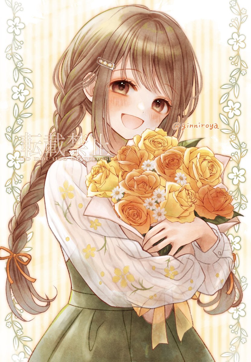 1girl braid solo flower brown hair smile hair ornament  illustration images