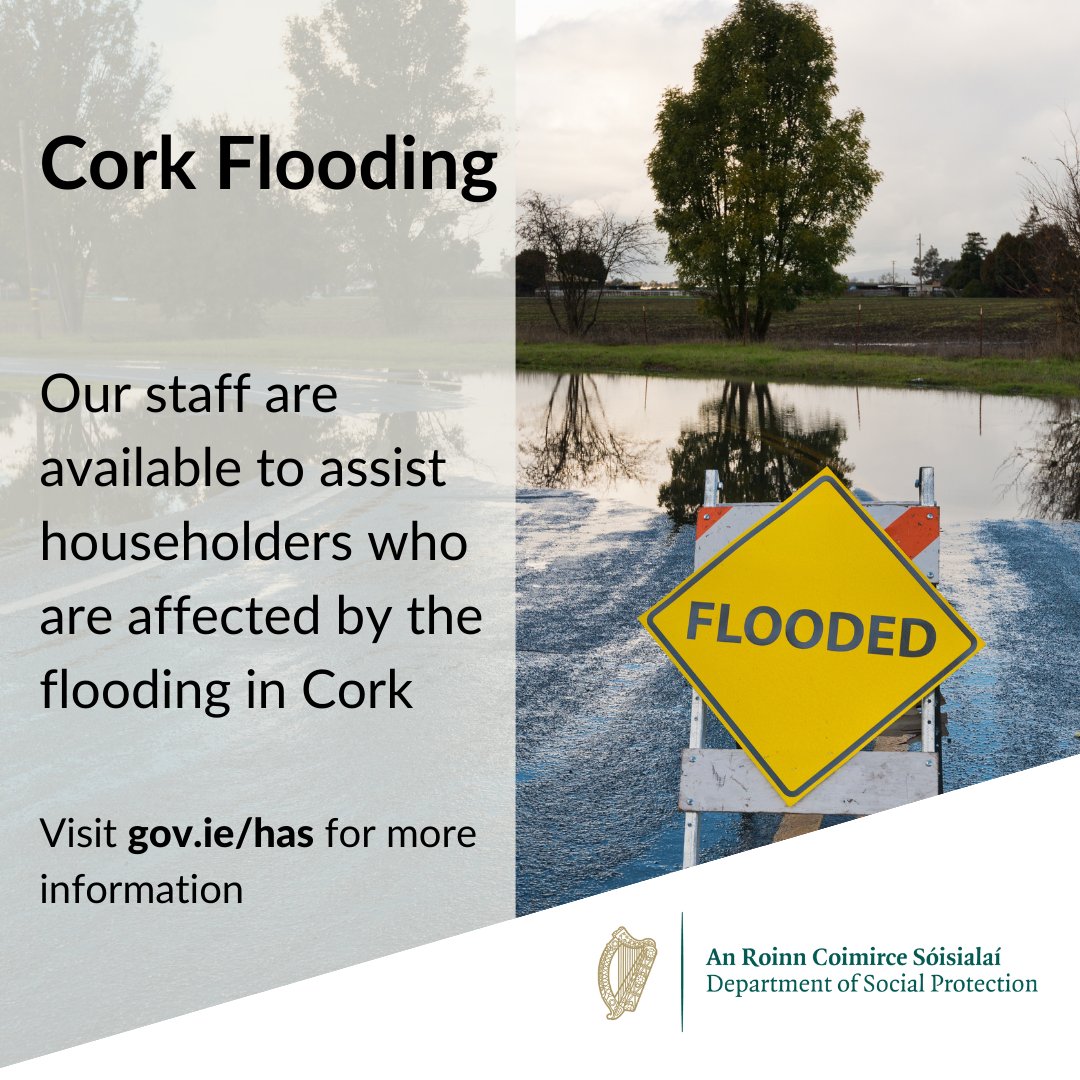 welfare_ie's tweet photo. ⚠️ #StormBabet 

📢 Minister @HHumphreysFG confirms that Humanitarian Aid is available to those affected by severe flooding in Cork. 

📞For enquiries about the supports available, you can contact us at 0818 607080 or visit https://t.co/Kj6hNa4yTk https://t.co/jUSbjt9oMG