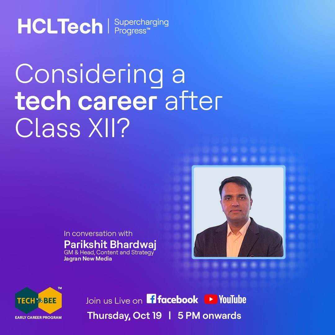 Considering a tech career after 12?  Join Parikshit Bhardwaj, GM &amp; Head, Content and Strategy at Jagran New Media, to gain valuable insights and guidance on a successful tech career. 
 Join us Live at bit.ly/3M7mxc7 

#techcareers #live #HCLTech #jagranjosh