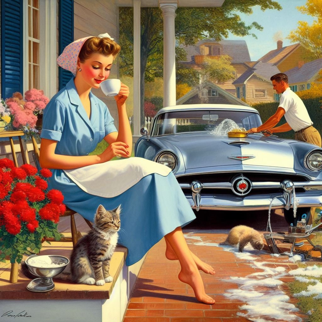 addict3d2findom's tweet photo. Haha! "Wash my car, boy toy!" ☕️🚗😂
#aiart #aicoffee #aicoffeebreak #ainostalgia #ai1950s https://t.co/JBnnhXSaQs
