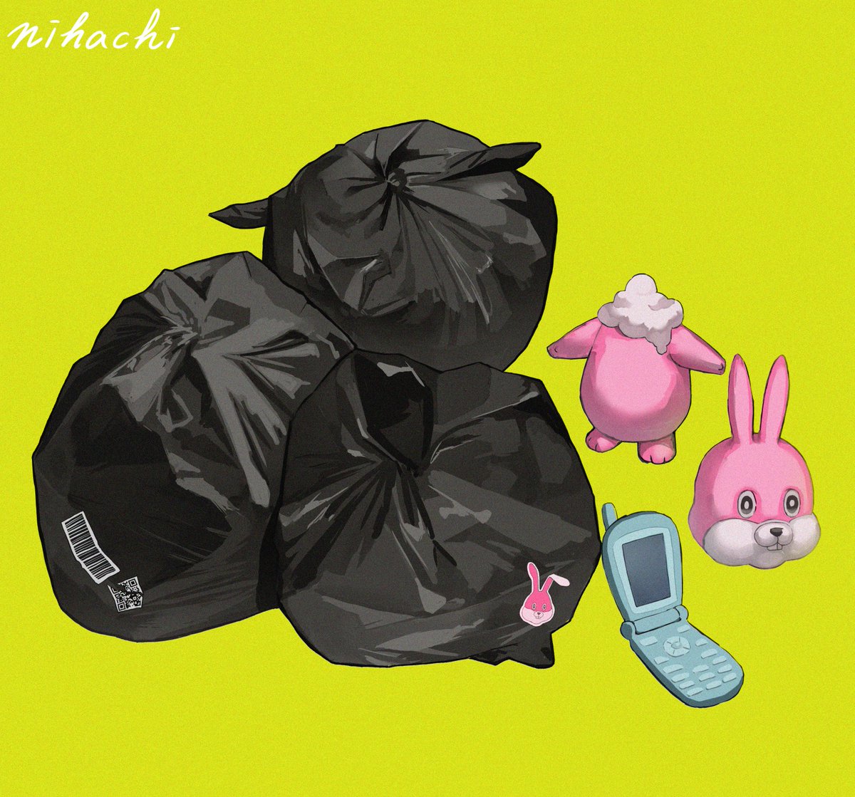 no humans simple background bag phone rabbit green background trash bag  illustration images