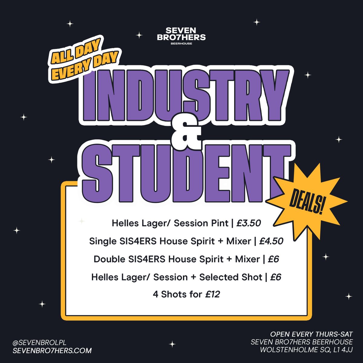 📣 CALLING ALL HOSPITALITY WORKERS & STUDENTS! 📣 Enjoy your favourite drinks for less with our special deals every day at our Liverpool Beerhouse! We're open Thurday-Saturday - pop down to say hello 👋
